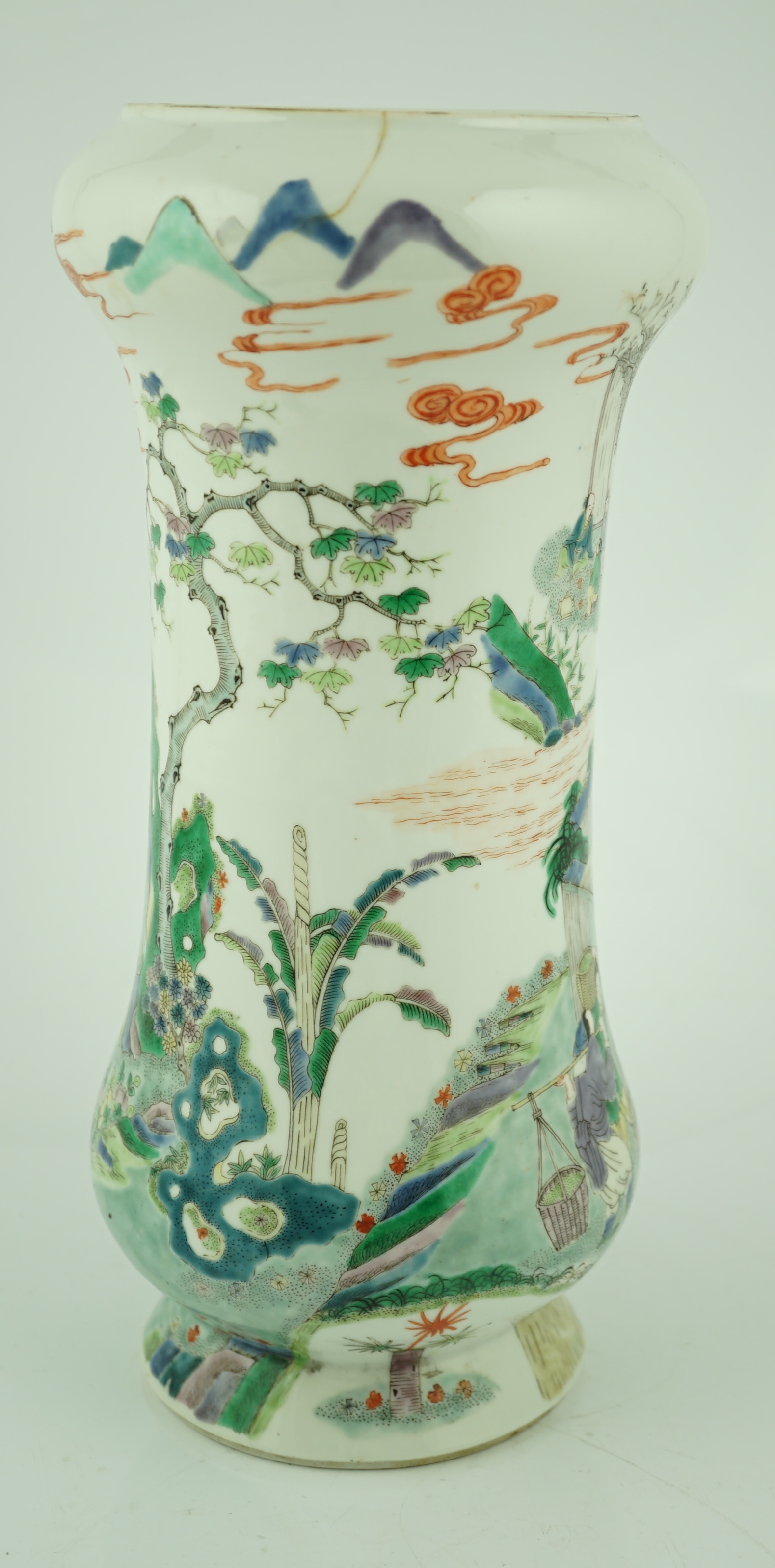 A Chinese famille verte ‘farming’ tall vase, Kangxi mark but late 19th century, crack to neck